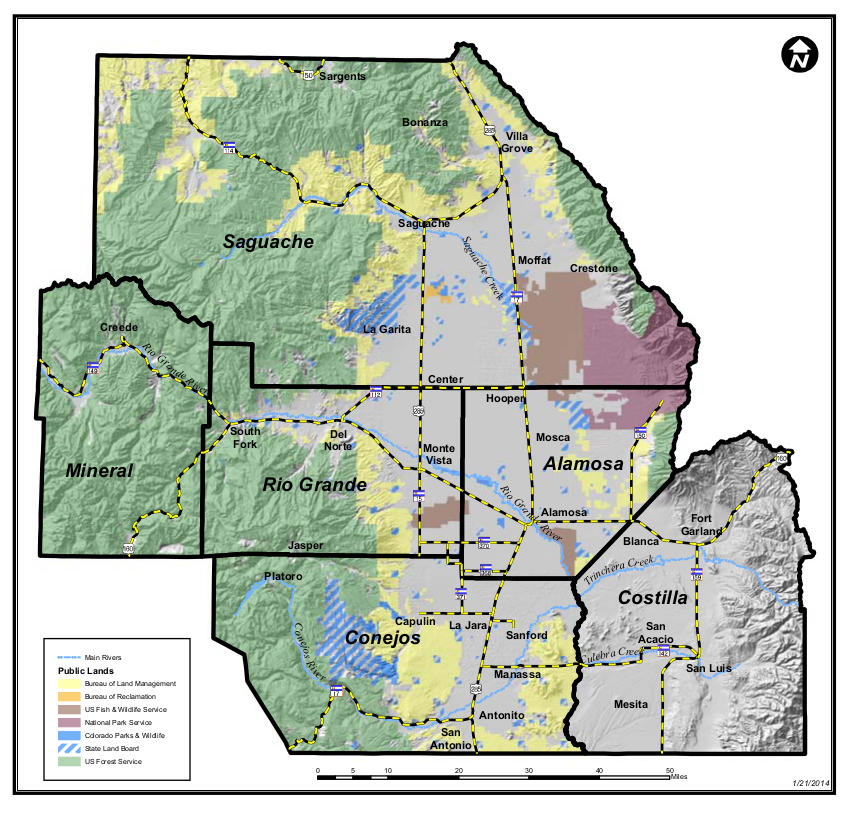 Map showing the jurisdictions of the six counties within the San Luis Valley